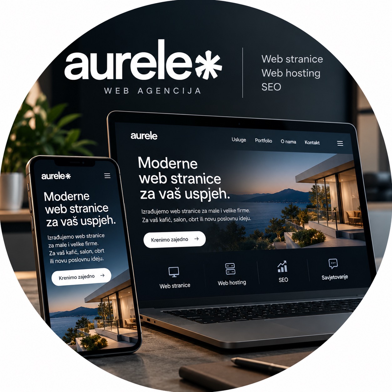 Aurele web agencija — ilustrativni prikaz moderne web stranice na prijenosnom računalu i mobitelu